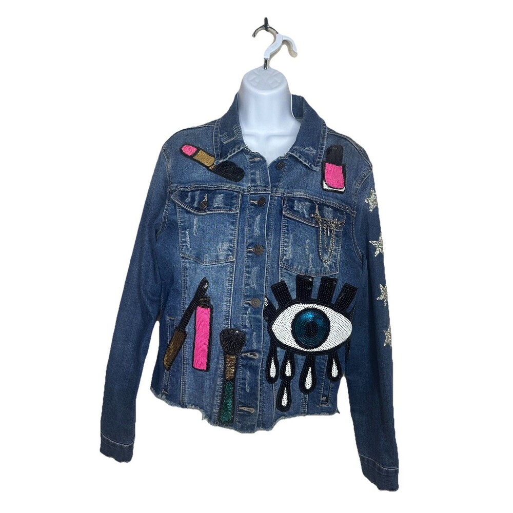 ENJEAN Women’s Sequin Denim Jean Jacket  Sz L Makeup Patches, Eye & Butterflies